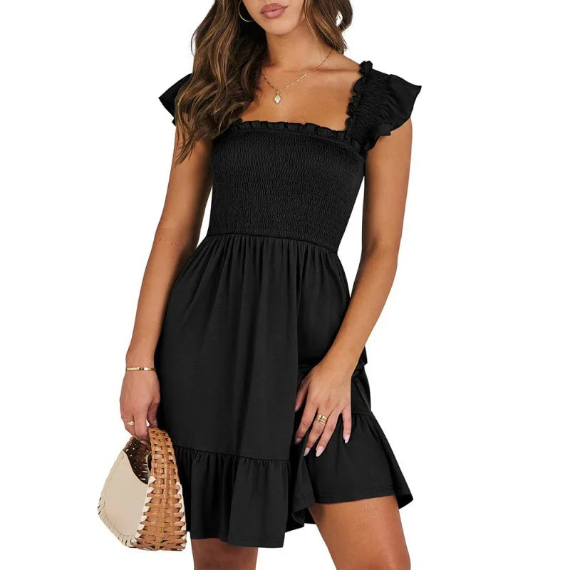 New Summer Mini Dress Sleeveless Backless Square Neck Smocked Ruffle Mini Dress Aline Swing Sundress