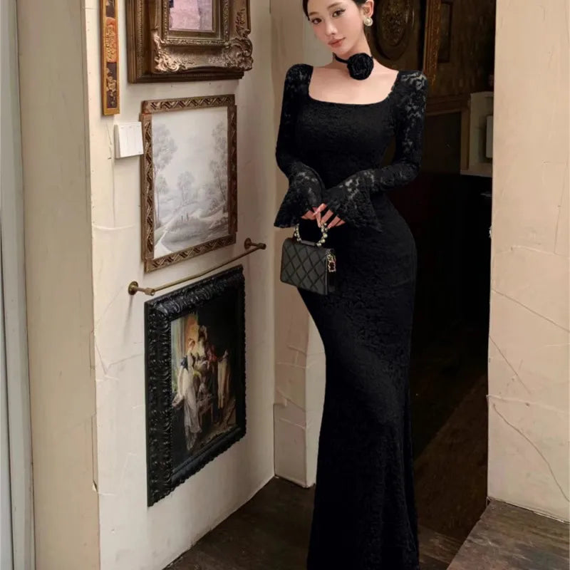 Lace Bodycon Maxi Dresses for Flare Sleeve Square Collar Slim Mermaid Evening Party Dress Fishtail Vestidos Prom Robe