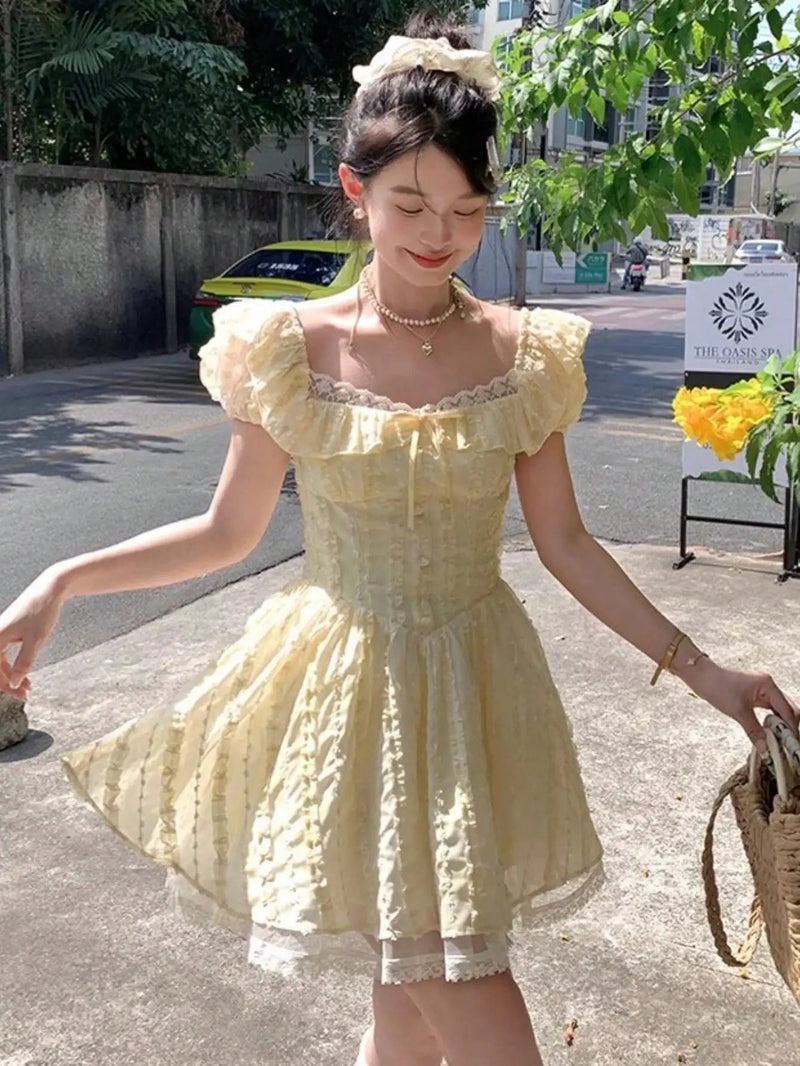 Summer New Sweet Lace Squarecollar Princess Woman Dresses Y2k Korean Preppy Style Slim Aline Mini Dress Vacation Beach