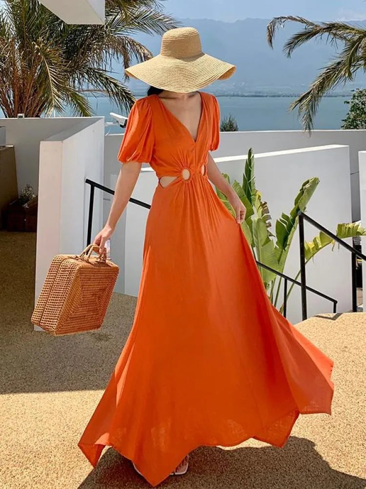 Orange V Neck Waist High Hollow Out Pleated Dress Summer Short Sleeves Long Dresses
