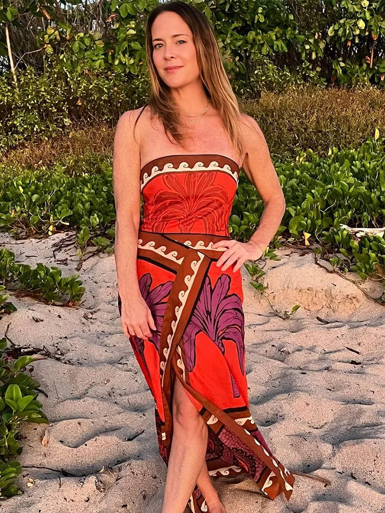 Summer Printed Tube Dress Strapless Slim Fit Midi Dresses Female Hem Slit Beach Dress