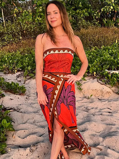 Summer Printed Tube Dress Strapless Slim Fit Midi Dresses Female Hem Slit Beach Dress