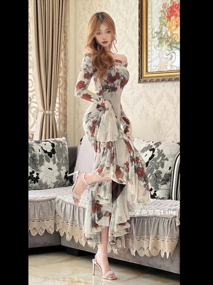 Summer French Print Midi Dress One Shoulder Dress Korean Even Party Female