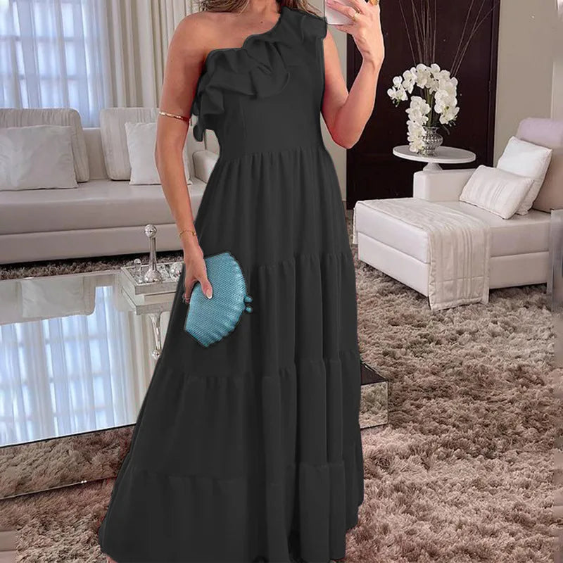 New Hollow Off Shoulder Party Dress High Waist Pleated Holiday Dress Asymmetric Ruffle Beach Long Dress