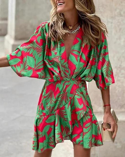 Summer Irregular Mini Dress Print Bohemia Sundress Bat Sleeve Ruffles Vestidos Dresses for