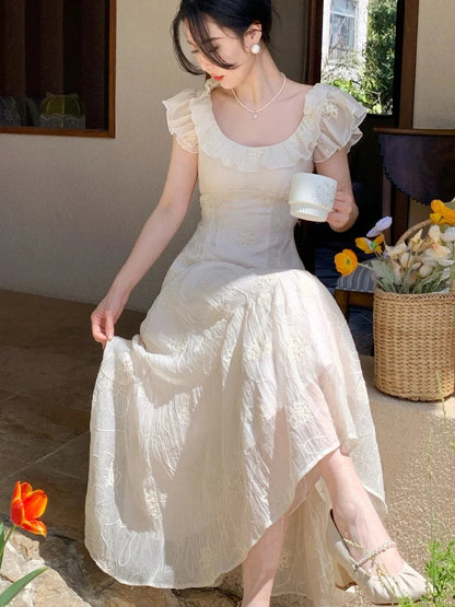 Summer French Midi Dress Ruffles Slim Party Dress Holiday Beach Korean Vestidos