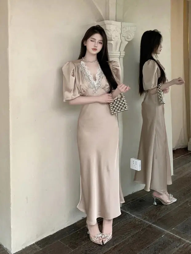 Summer Short Sleeve Lace Satin Vneck Maxi Dress French High End Waist Slimming Wrap Hip Evening Dress for