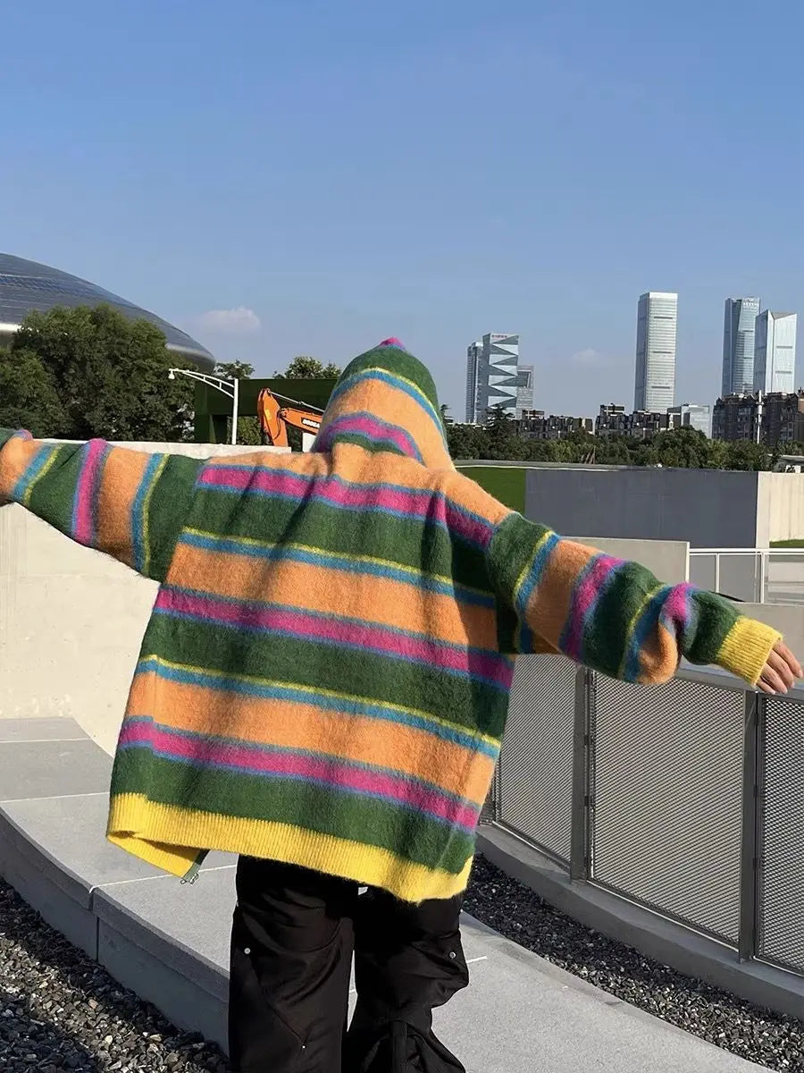 Retro Rainbow Striped Knitted Sweater Cardigan Color Blocked Versatile Autumn Winter Hooded Jacket