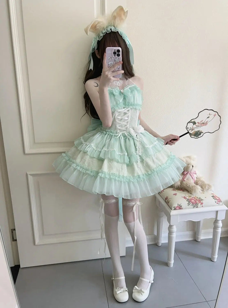 Japan Mini Dress Summer Sleeveless Lolita Dress Female Tierred Wedding Party Dress Lady White Prom Dress