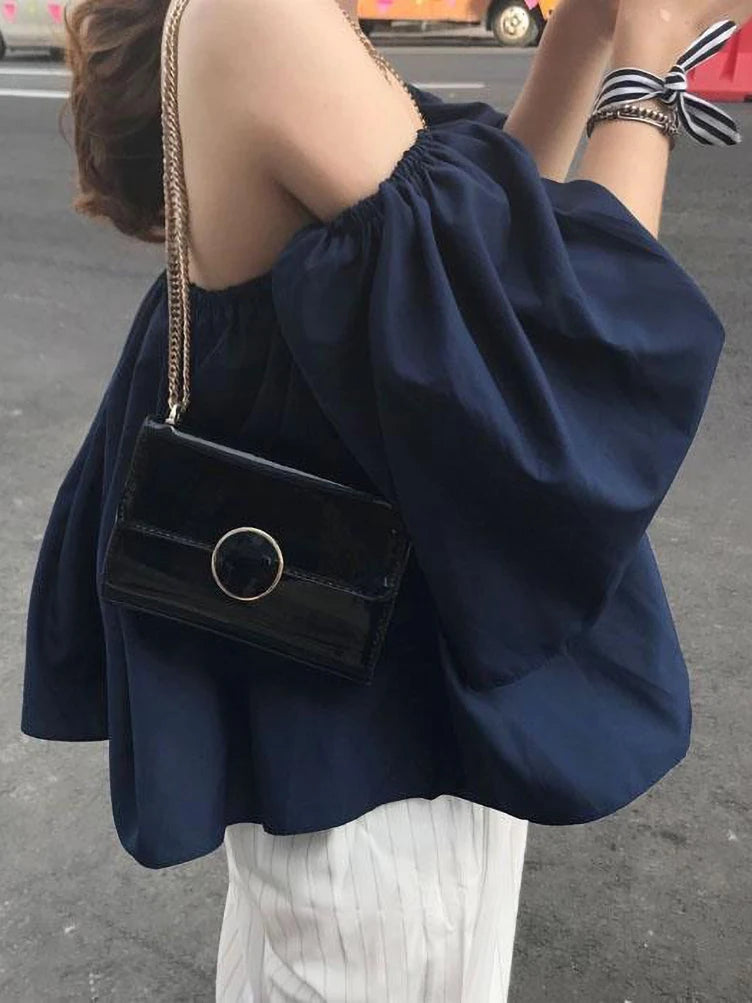 Holiday Beach Youth Off Shoulder Blouses Tops Korean Puff Sleeve Shirt Summer Tees Dongdaemun Backless New