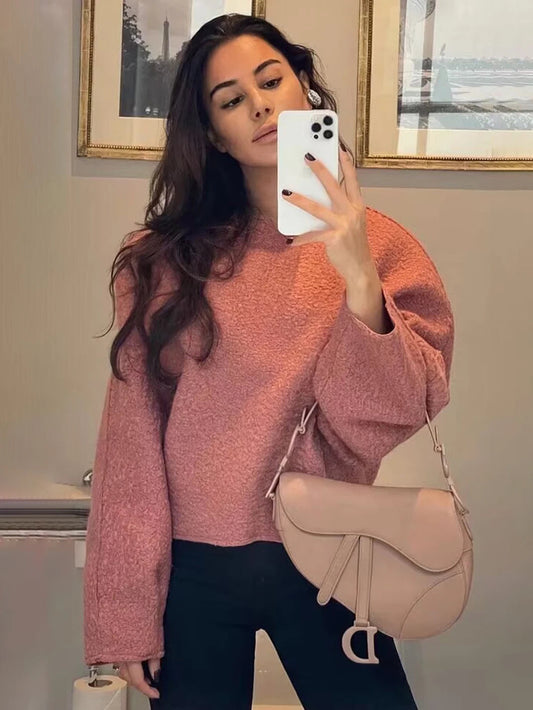 Simple Cropped Woolen Sweatshirt Woman Oneck Long Sleeve Loose Pull Hoodie Female Sweatshirts Top