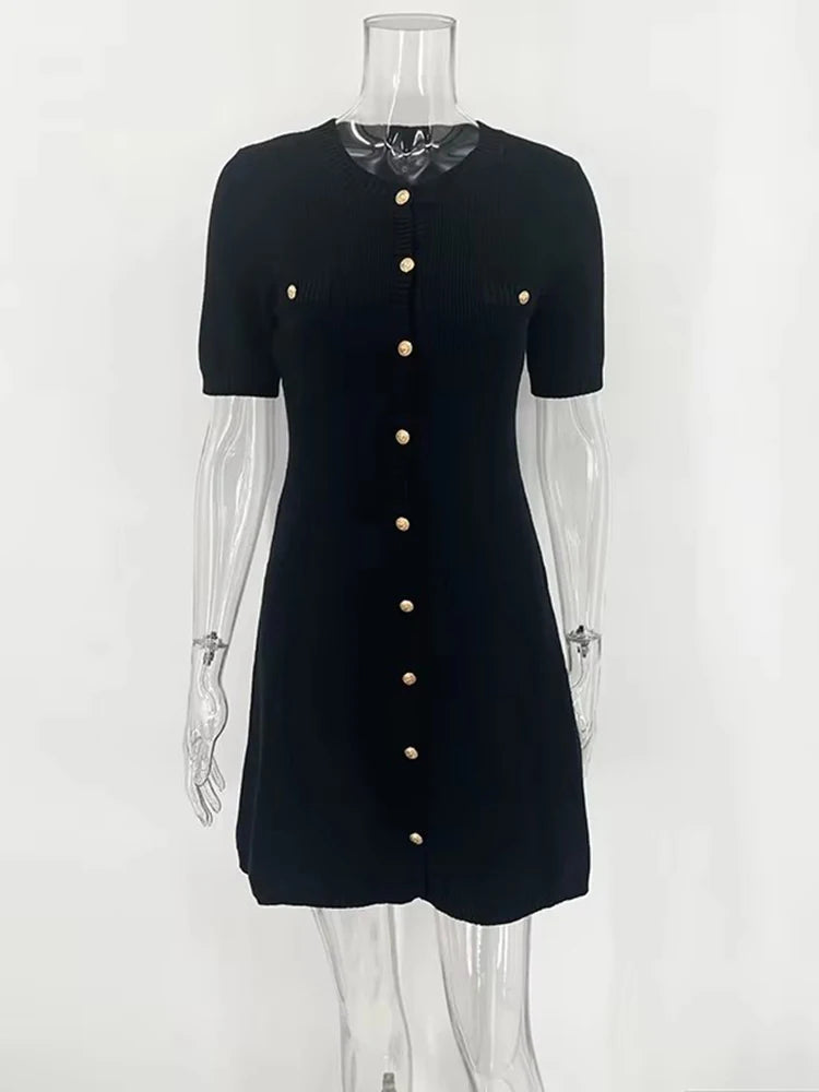 White Knitted Mini Dress for Metal Button Slim Rib Sweater Dress Holiday Party Outfits Autumn New
