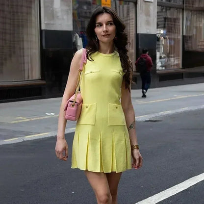 Folds Knitted Mini Dress for Sleeveless With Pocket Vest Dress High Waisted Clubs Party Summer