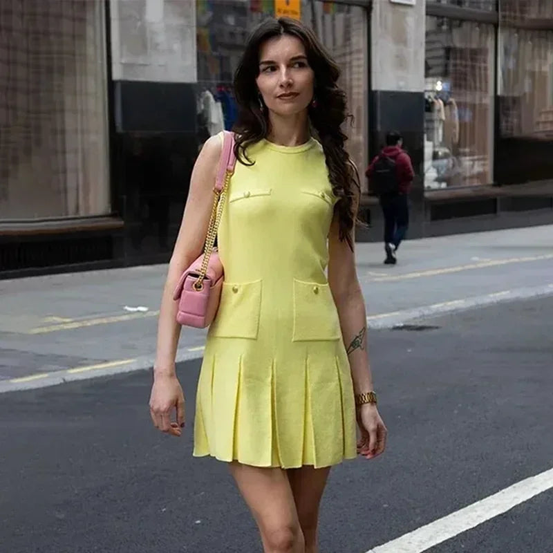 Folds Knitted Mini Dress for Sleeveless With Pocket Vest Dress High Waisted Clubs Party Summer