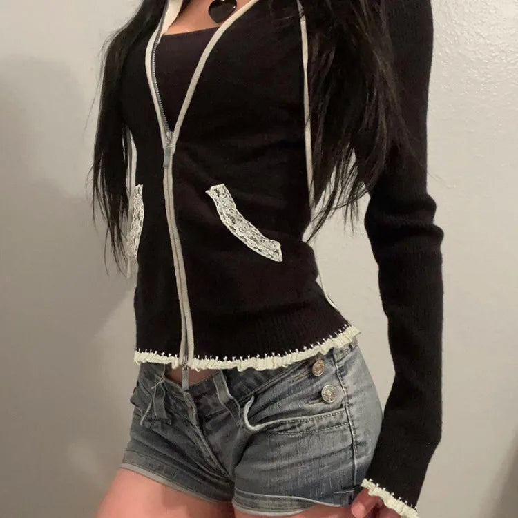High Street Lace Patchwork Hooded Sweatshirt Y2k Long Sleeve Double Zipper Jackets Spring Autumn New Cardigan Coat