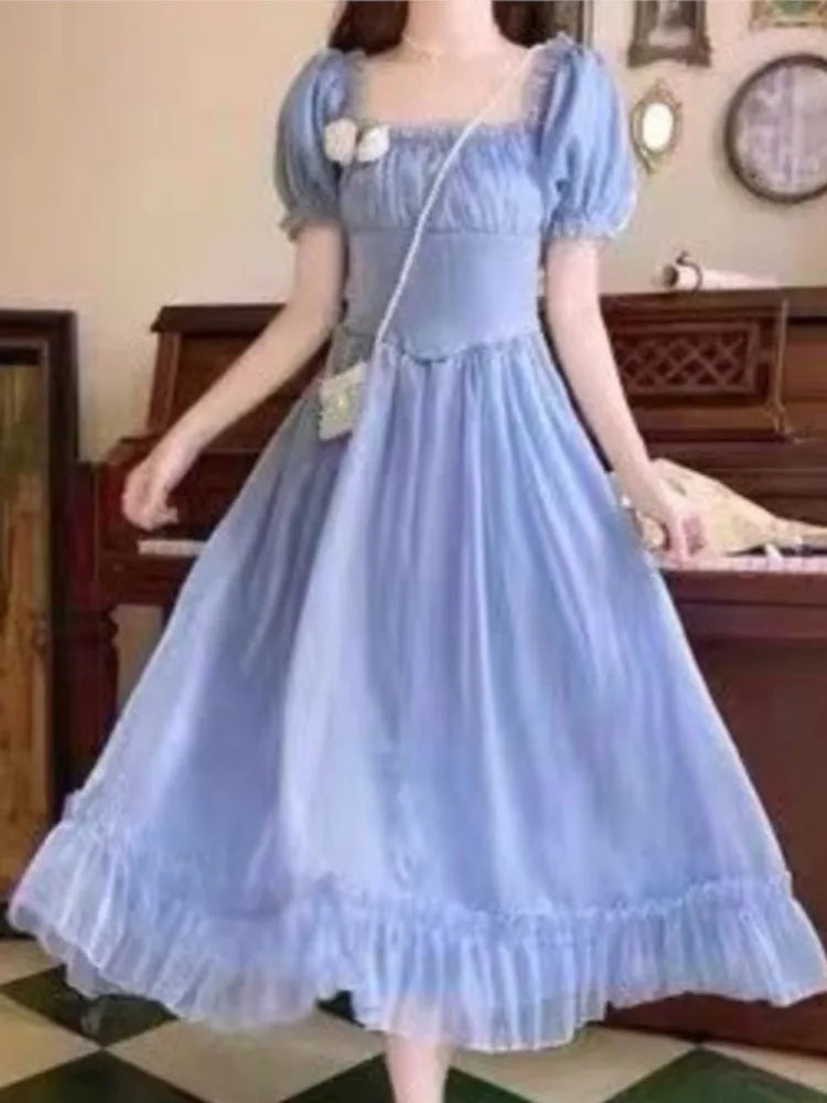 French Blue Fairy Evening Dresses for Square Collar Birthday Party Midi Dress Summer Aline Vestidos Robe