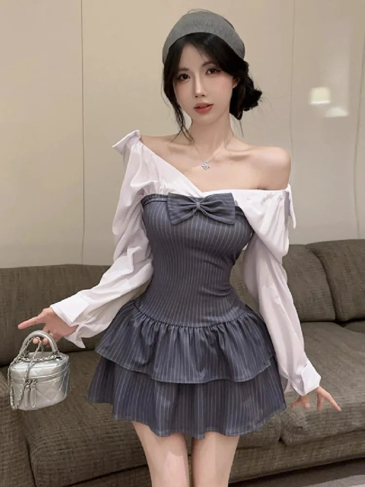 Mini Dresses Patchwork Bow Slim Slash Neck Long Sleeve Patchwork Party Dress