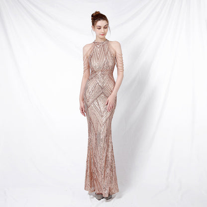 Halter Neck Sequined Evening Dresses Crystal Tassel Hip Skirt Sleeveless Rhinestone Decoration Long Dress