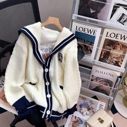 Sailor Collar Knitted Cardigan Oversized Preppy Style Sweaters Coat for Korean Style New