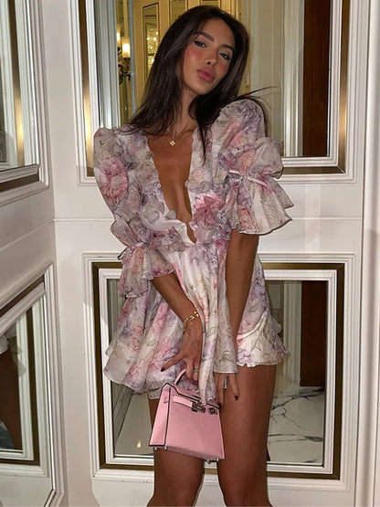 Patchwork Mesh V Neck Mini Dress