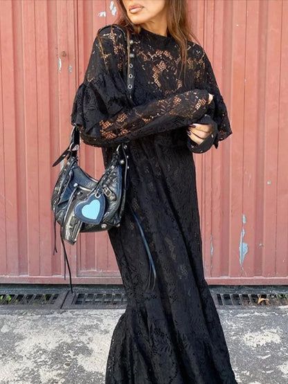 Lace Hollow Out A-lined Long Dresses Loose Perspective O-neck Black Dress Female Party Street