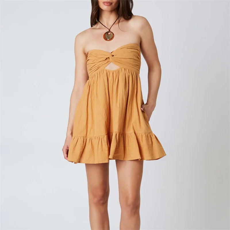 Strapless Dress Y2k Color Off Shoulder Sleeveless Ruffle Hem Mini Dress With Pockets Beach Party Dresses