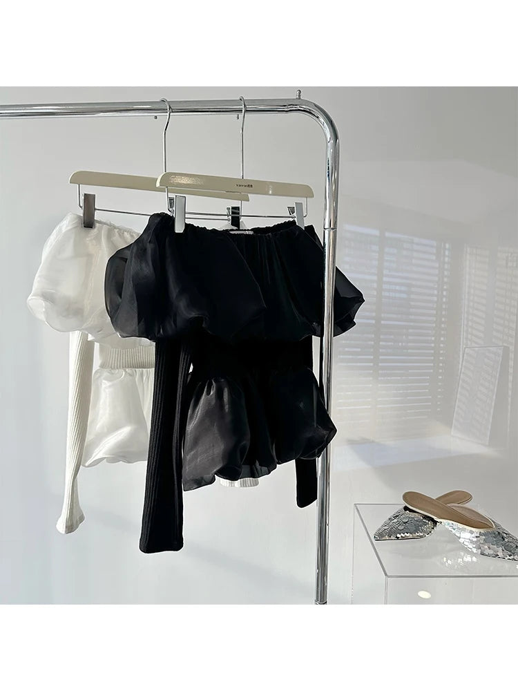 Sweet Chiffon Blouses Hot Slash Neck Thin Shirring Crop Top Office Lady Simple Daily Shirts Ins Y2k Design New Trend