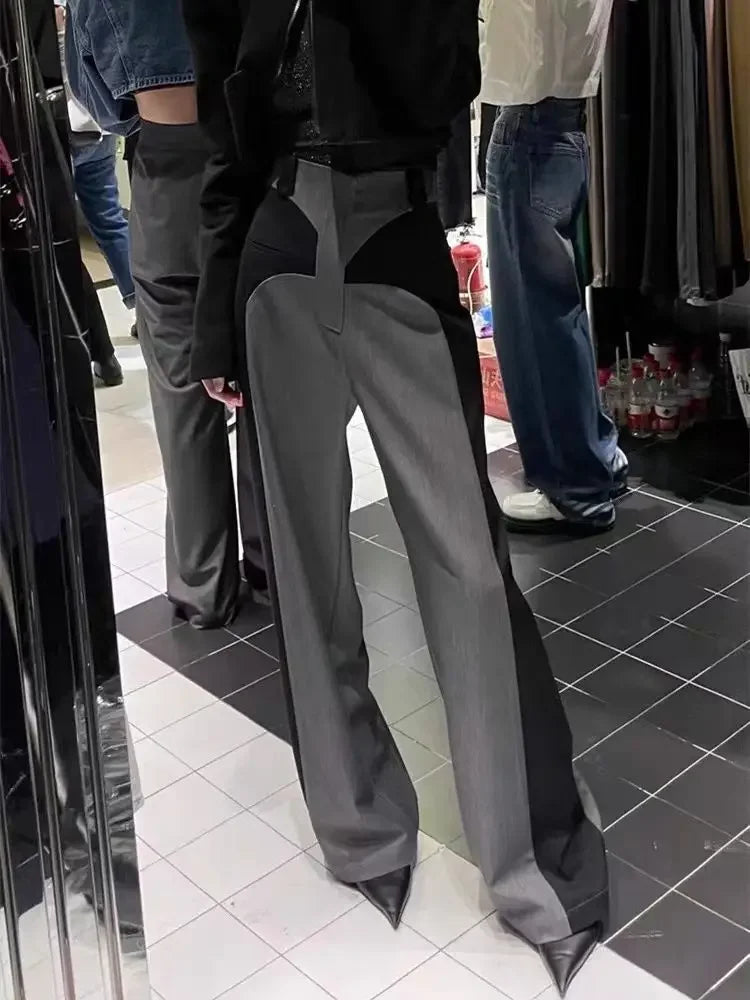 Chestnut Spring Newdesign Sense Color Contrast Patchwork Suit Pants High Waist Slimming Loose Wide Leg Mop Pants