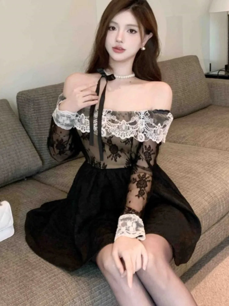 Y2k Sweet Black Mini Dresses for Slash Neck Lace Patchwork Slim Waist Aline Korean Short Vestidos Mujer