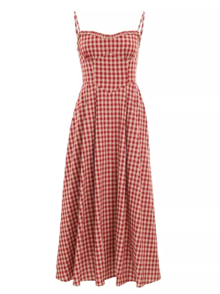 Plaid Midi Dress French Spaghetti Strap Aline Spring Summer Holiday Beach Style Prom Robe Vestidos Mujer
