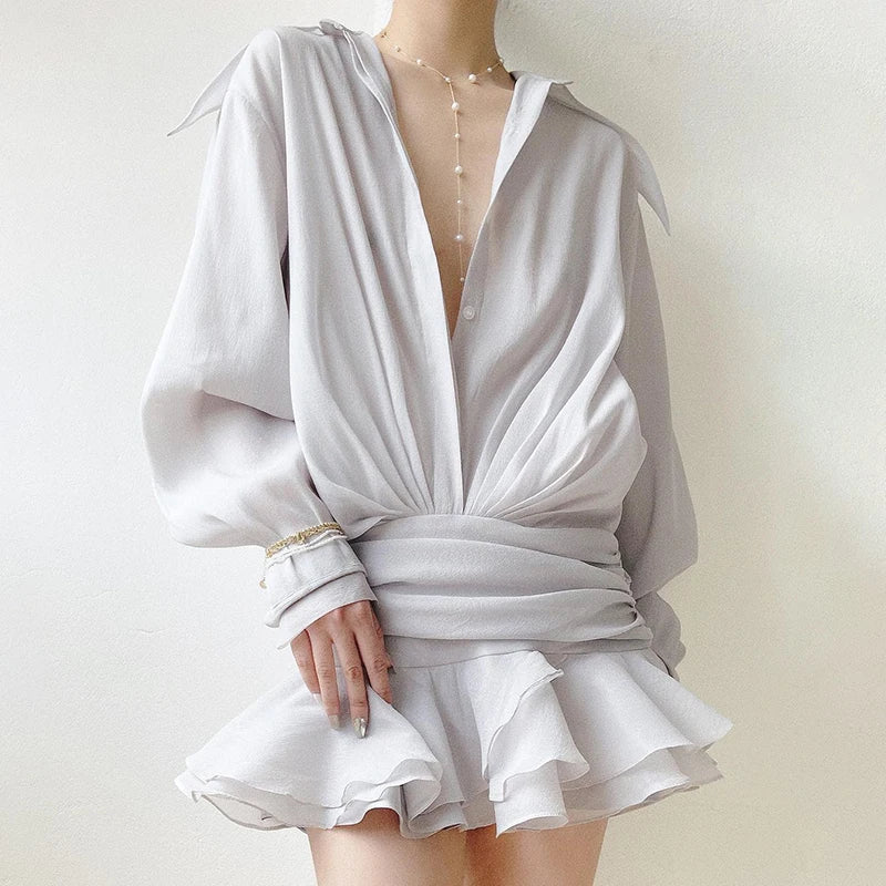 New Chiffon Mini Dress ’s Ruffled Splice Pleated Dress Mesh See-through Loose Oversized Shirt Dress Cover-up Clothes