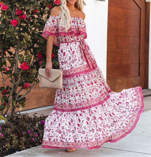 Flower Print Off Shoulder Long Dresses for Spring Summer New Temperament High Waist Leace-up Dress Female Vestidos