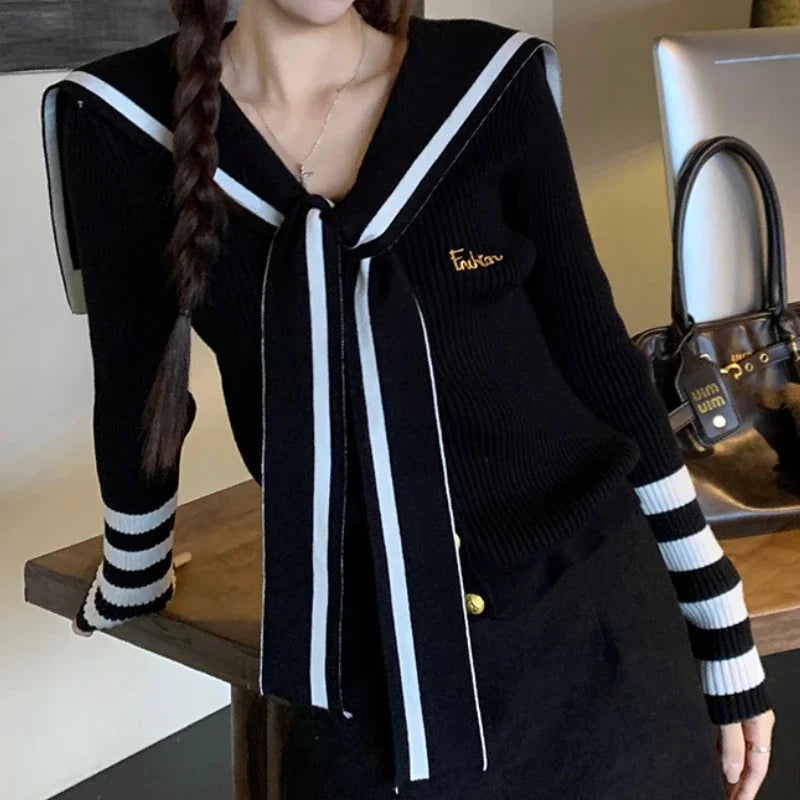 Autumn New Japanese Contrast Color Patchwork Laceup Long Sleeve Cardigan + Loose Knitted Aline Skirt Twopiece Suit