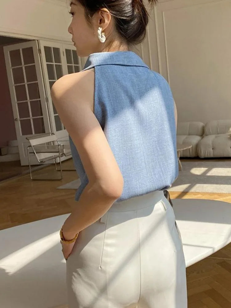 Temperament Lapel Blouse Sleeveless Off Shoulder Blue Shirts Office Lady Formal Tops Summer