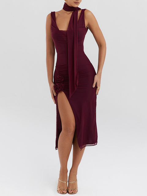 Flower High Split Midi Dress for Two Layer Mesh Sleeveless Backless Bodycon Club Dress Party Outfits