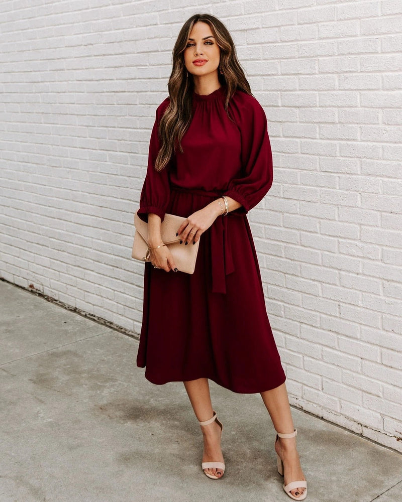 Office Dress Formal Loose Green Long Sleeve Belt A-line Midi Dresses