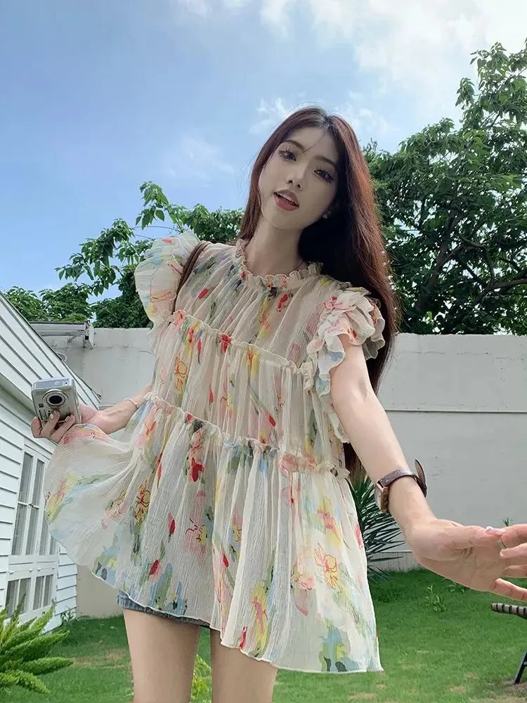 Y2k Print Chiffon Blouse Flying Sleeve Perspective Fairycore Pleated Shirts Summer Aesthetic Tops
