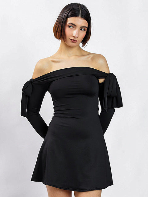 Julissa Mo Autumn Strapless Long Sleeve Bow Mini Dress for Slim A-line Outfits Patchowrk Dress New