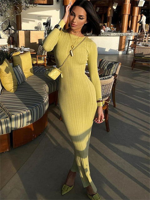 Autumn Slim Maxi Dress for High Waist Patchwork Ribbed Party Dress Long Dress Clothes