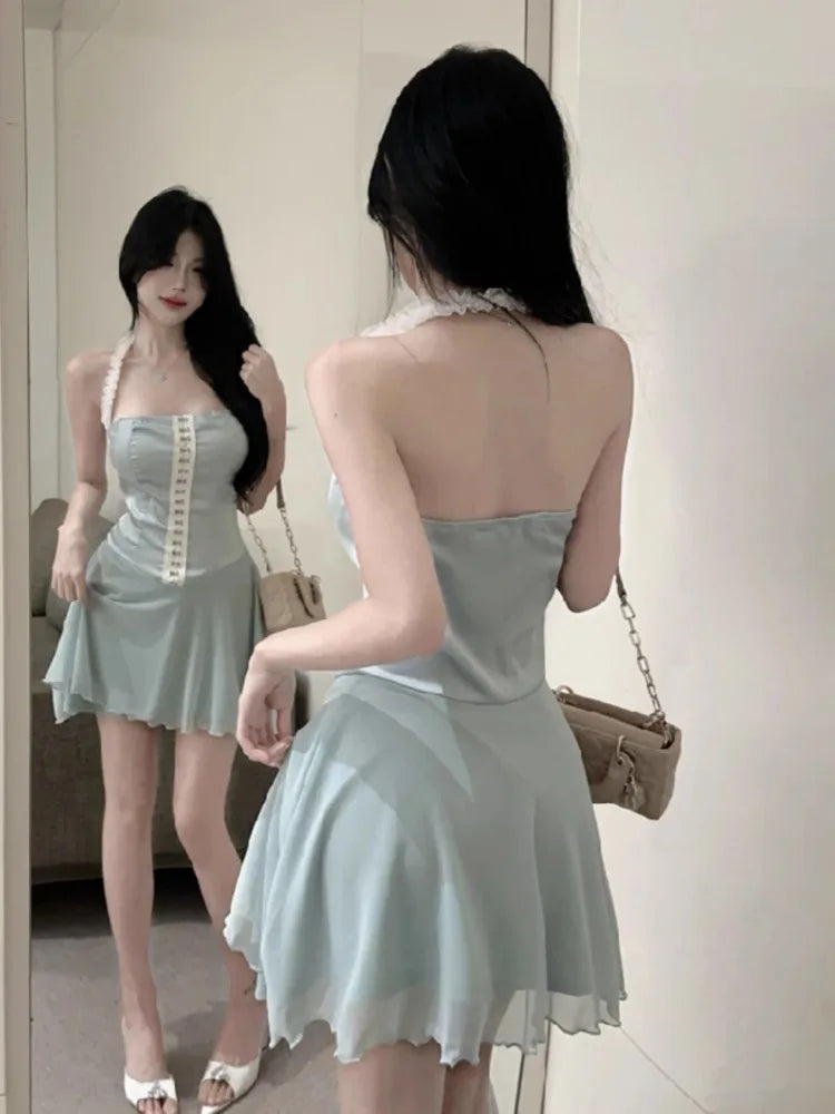 Evening Dress Woman Sleeveless Halter Patchwork Ruffles Sweet Slim Cocktail Mini Dresses Birthday Party