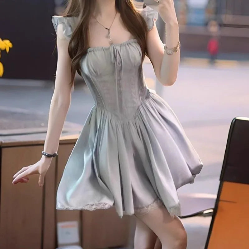 Blue Bandage Mini Dresses Flying Sleeve Spring Summer French Style Dress Ruffles Vestidos Mujer