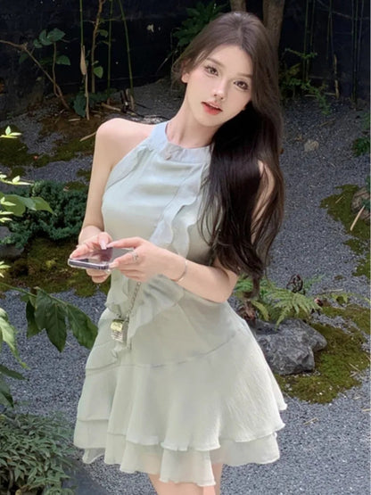 French Mini Dress Ruffles Slim Waist One Piece Clothes Chiffon Summer Outfits New Female Vestidos