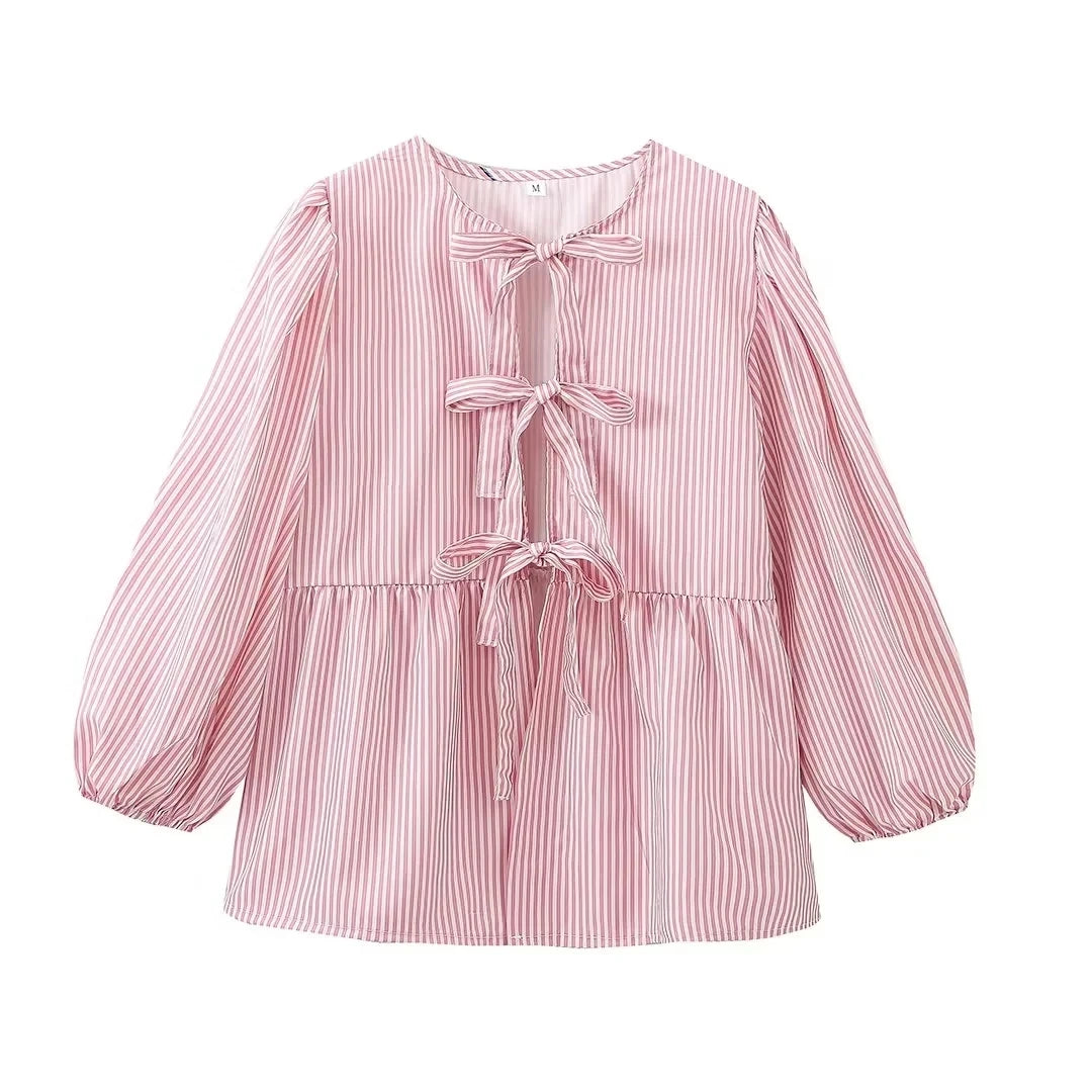 Summer Woman Bow Tied Lace Up Shirts Puff Short Sleeves Blouse Oneck Ruffle Color Tops