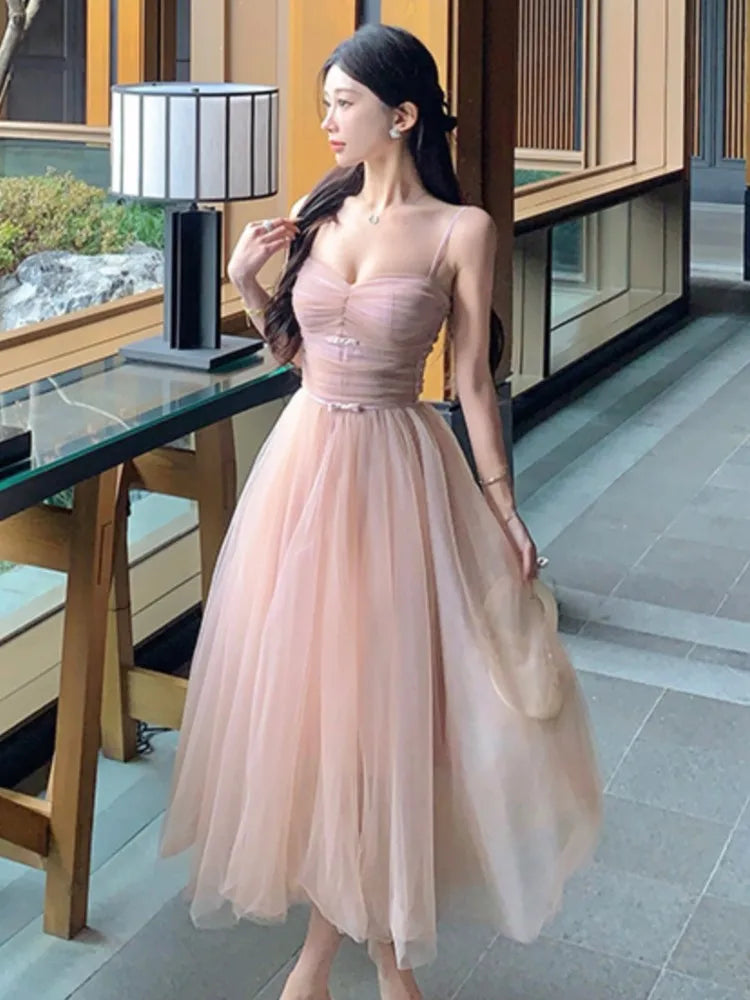 Sweet Printcess Midi Dress for Spaghetti Strap Fairy Birthday Party Dress Summer Ball Gown Korean Female Vestidos