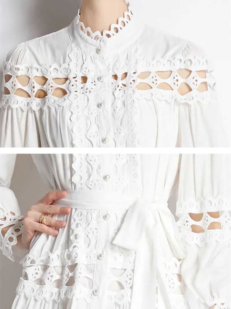 Stand Collar Single Breasted Dresses New Spring Hollow Out Embroidery Lace Trims White Mini Dress
