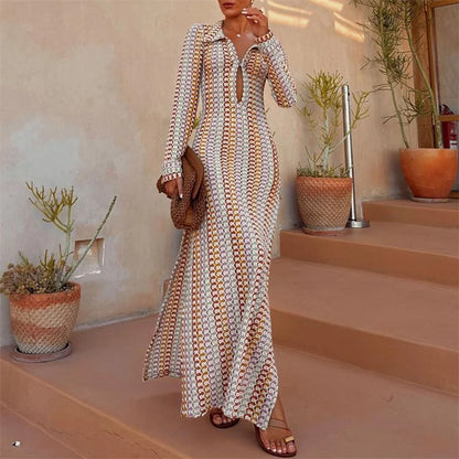 Crochet Dress Y2k Clothes Geometric Print Turn Down Collar Long Sleeve Long Dresses Beach Party Dresses