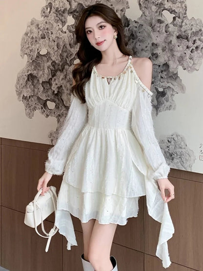 Princess Mini Dress for Sequin Off Shoulder Ruffle Long Sleeve Aline Vestidos Korean Female Short Dresses