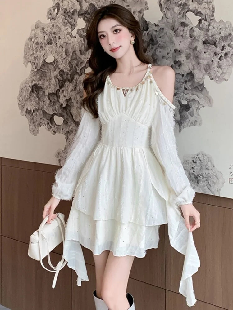 Princess Mini Dress for Sequin Off Shoulder Ruffle Long Sleeve Aline Vestidos Korean Female Short Dresses