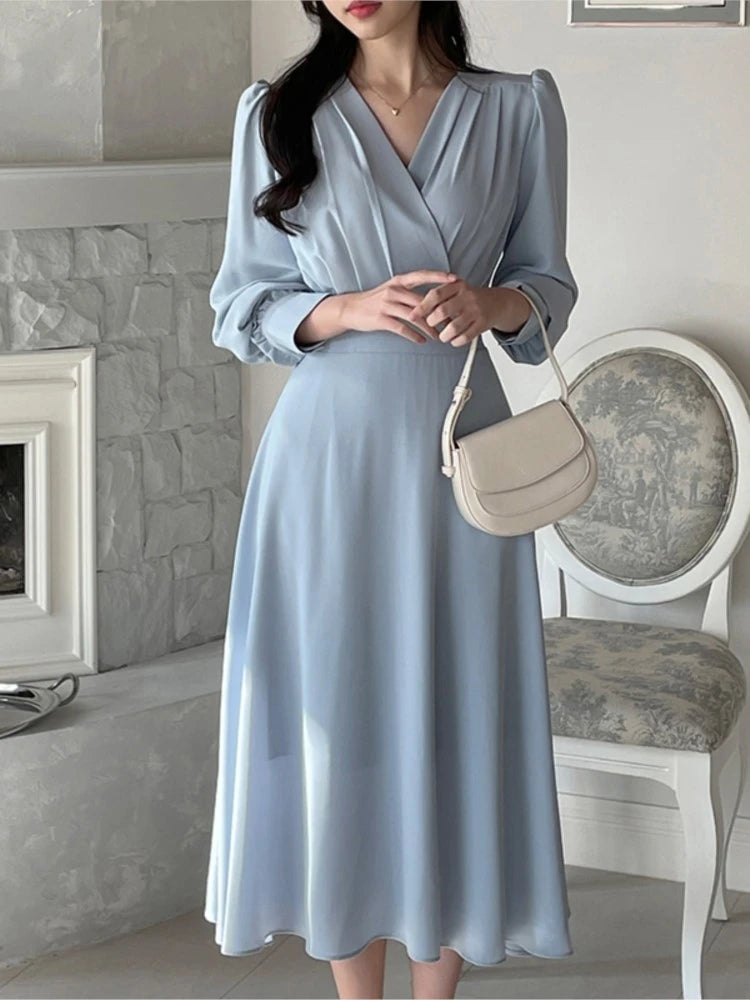 Korean Autumn Midi Dresses for Long Sleeves V-neck A-line Dress Office Lady Clothing New