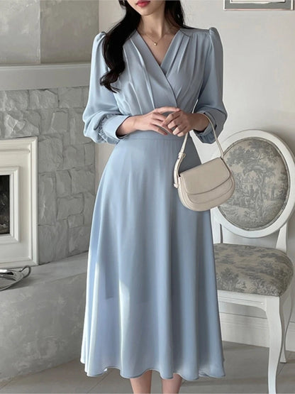 Korean Autumn Midi Dresses for Long Sleeves V-neck A-line Dress Office Lady Clothing New